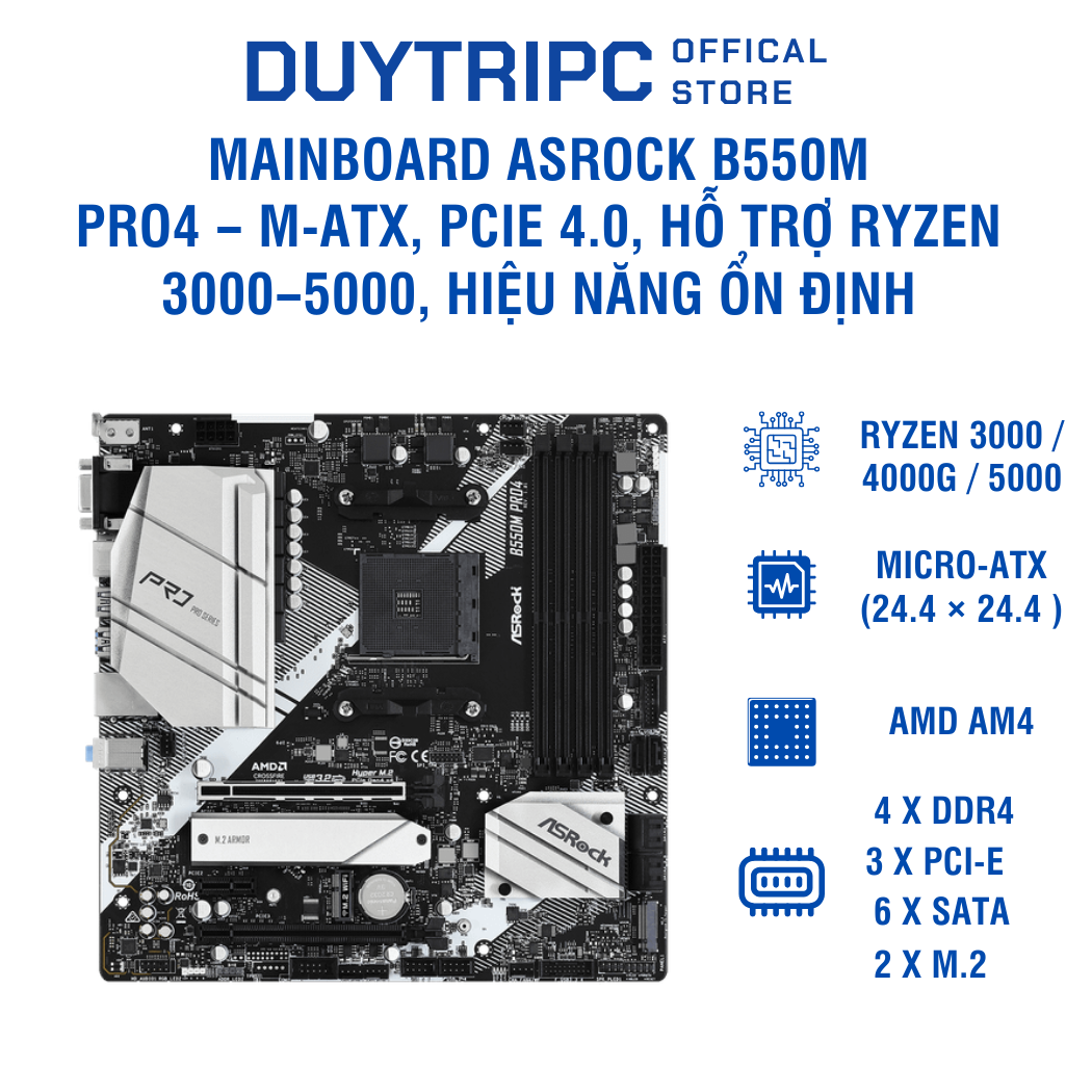Mainboard ASROCK B550M PRO4 – M-ATX, PCIe 4.0, hỗ trợ Ryzen 3000–5000, hiệu năng ổn định